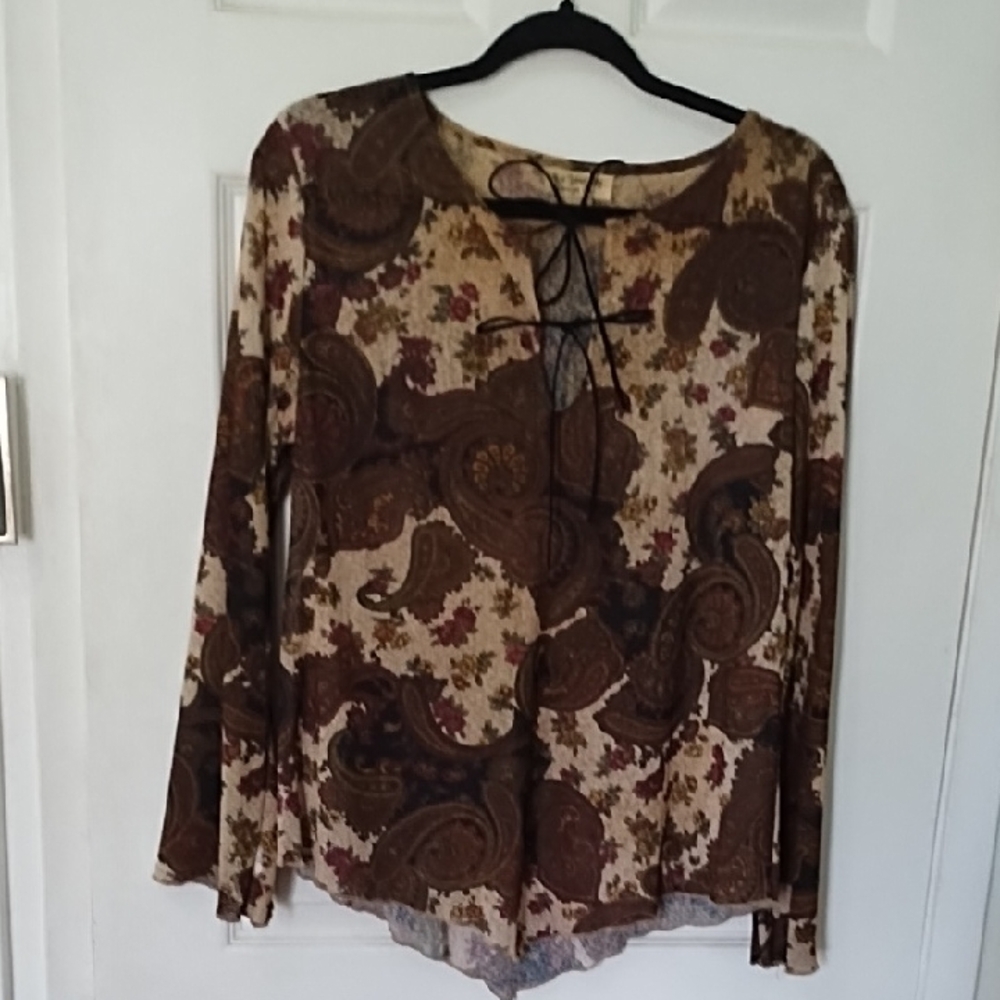 Floral Paisley Top With Bell Sleeves, Ties At Neckline And Angled Hemline